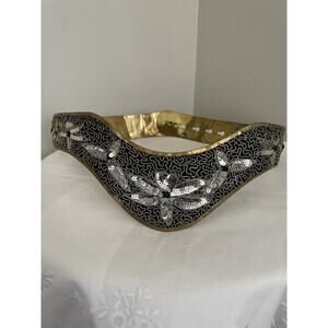 Vtg 80s Wide Brass & Sequin V-Shape Statement Belt Cummerbund Collar Choker